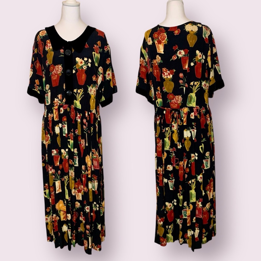 Betty Hadikusumo Velvet Trim Short Sleeve Floral Maxi Dress Black Size Large